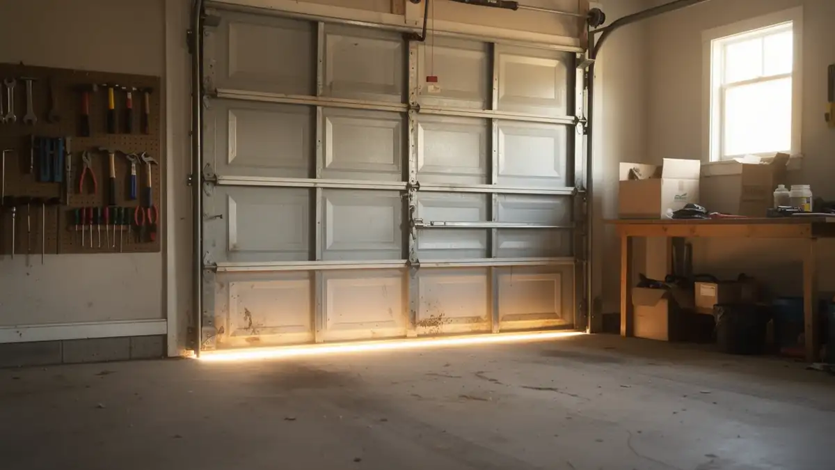 A closed garage door with a bright line of light shining underneath it.