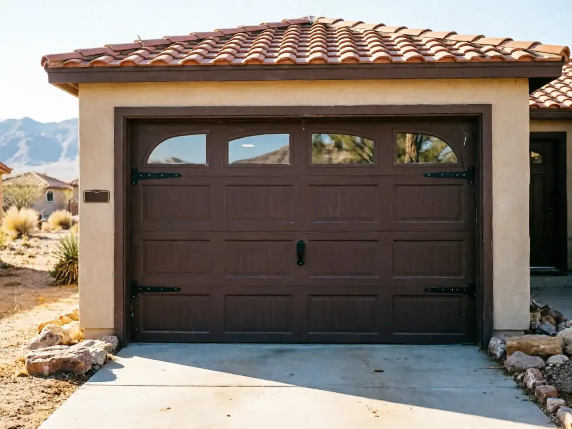 A brown garage door with windows and decorative hardware on a stucco house.
