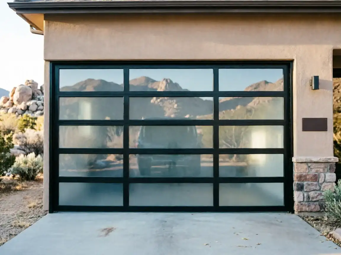 A modern garage door with frosted glass panels and black frames.