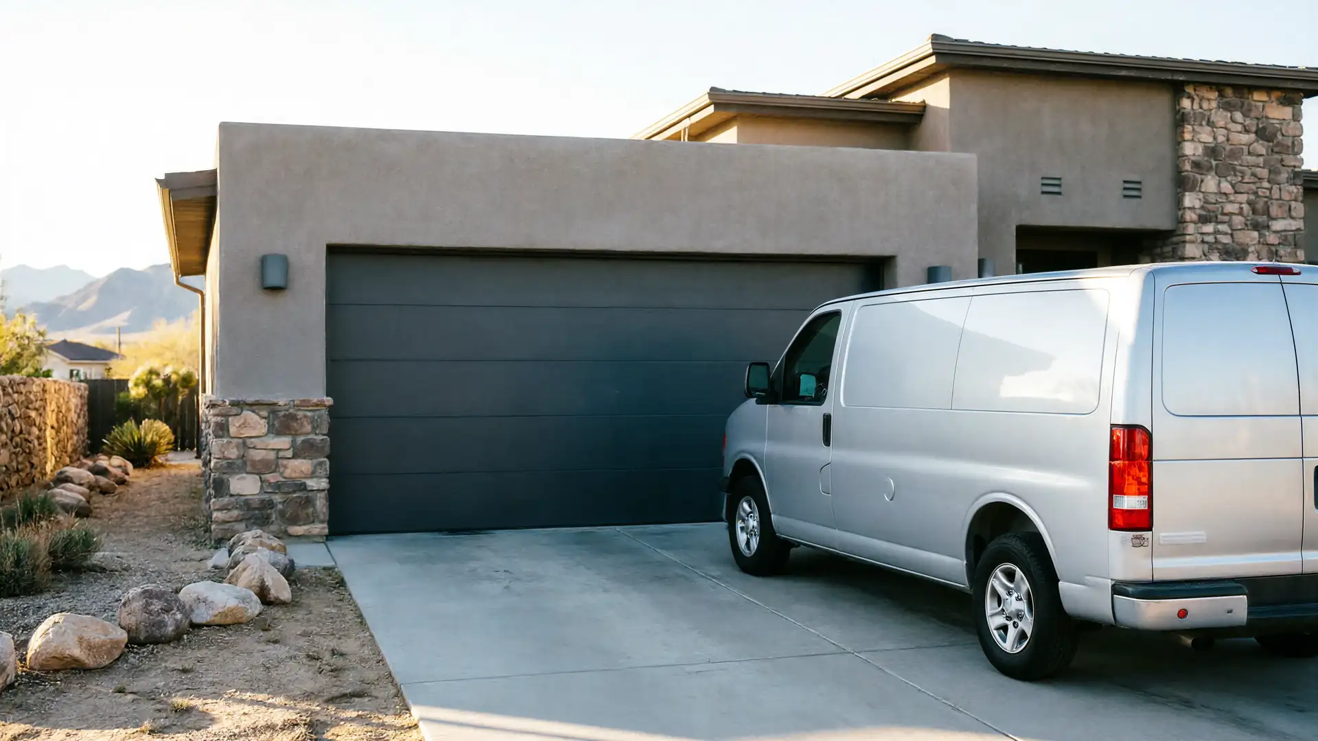 A silver service van is parked in the driveway of a house with a dark gray garage door.