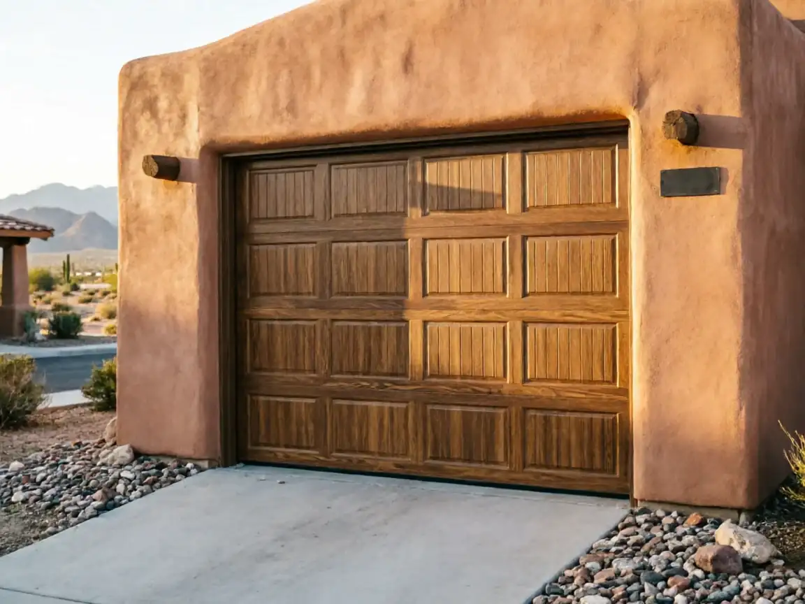 A brown wooden garage door is set into a stucco house with a desert landscape.