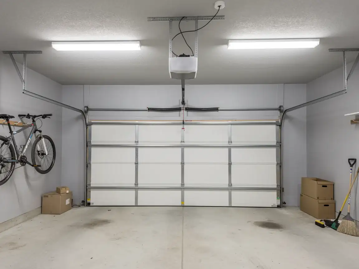 A white garage door is closed in a clean garage with a bicycle on the wall.