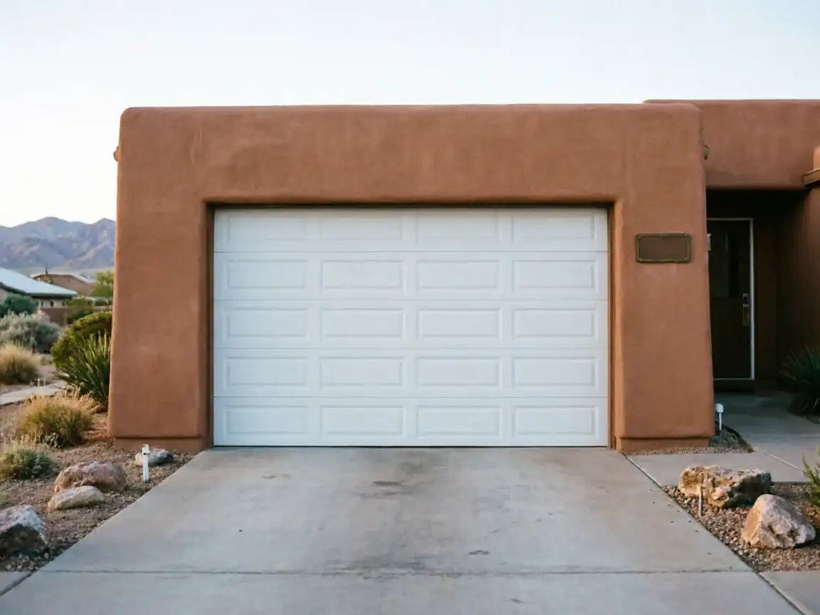 A white garage door is on a brown stucco house with a concrete driveway.